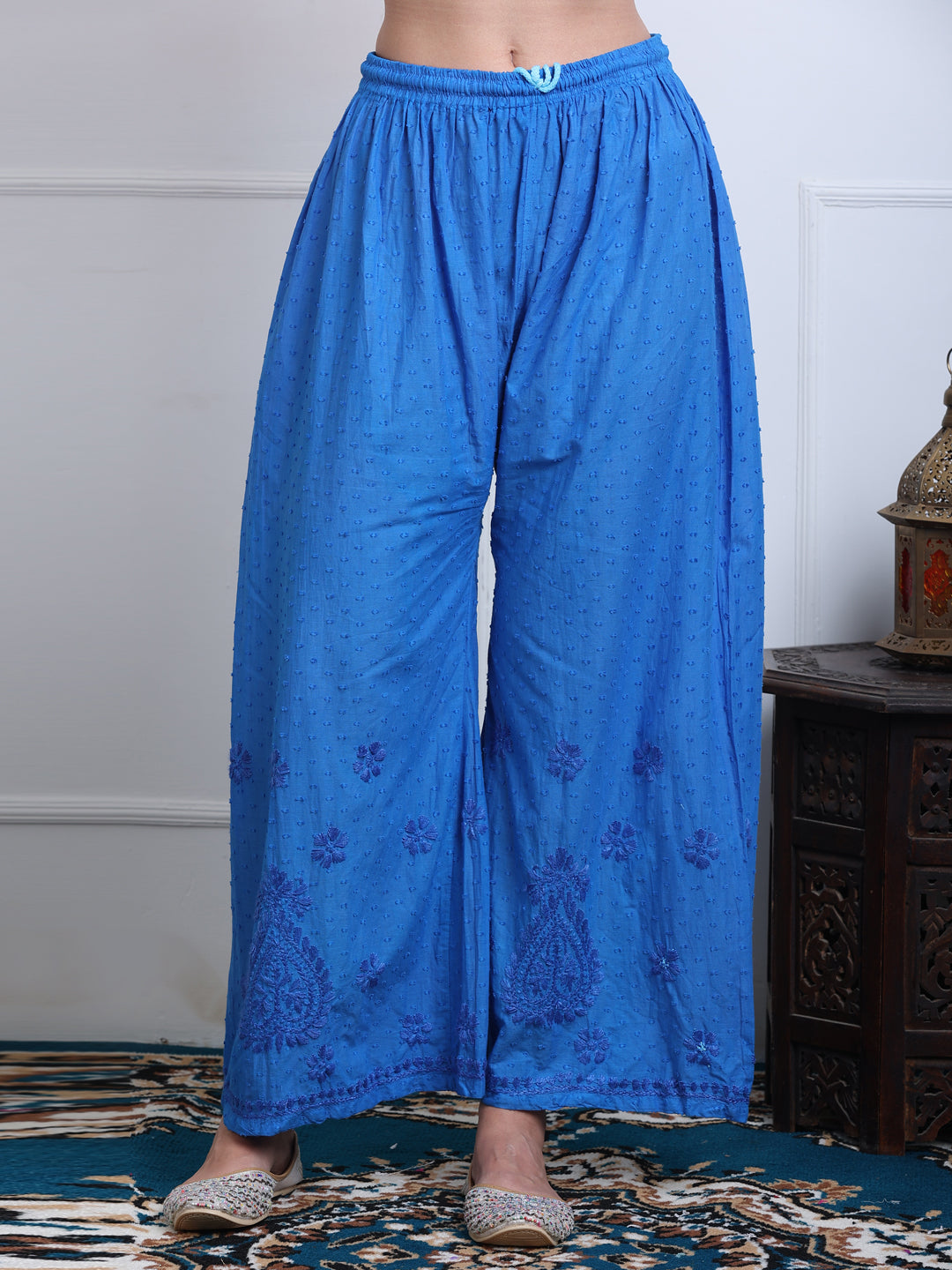 Women’s Dyed Lucknowi Chikankari Cotton Kurti, Palazzo & Dupatta Set