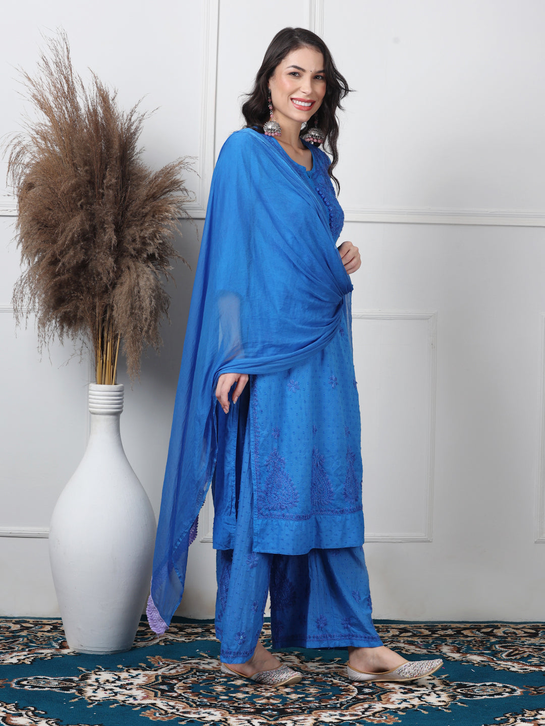 Women’s Dyed Lucknowi Chikankari Cotton Kurti, Palazzo & Dupatta Set