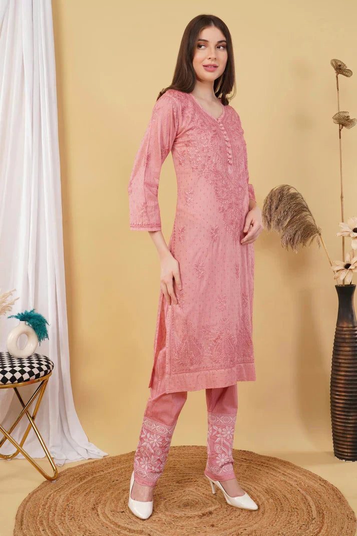 Dyed Cotton Chikankari Kurti & Lycra Pant Set, Pockets Both Side of the Pant