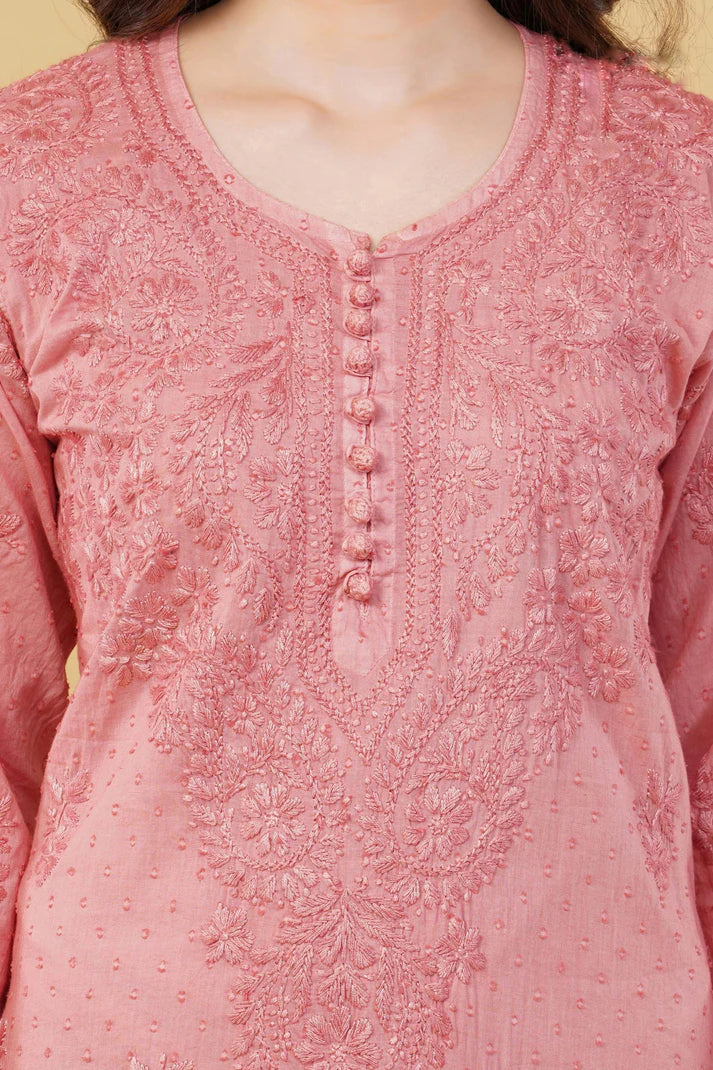 Dyed Cotton Chikankari Kurti & Lycra Pant Set, Pockets Both Side of the Pant