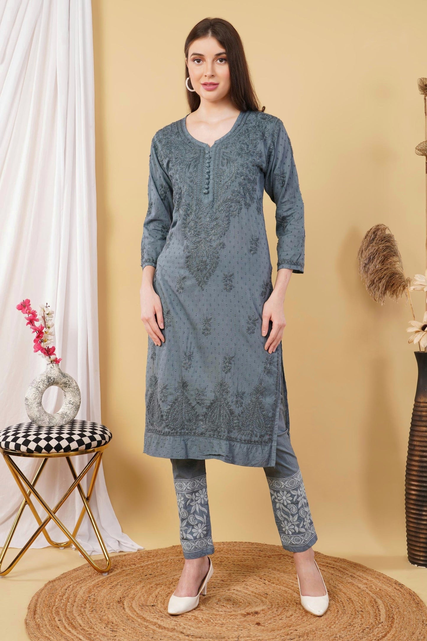 Dyed Cotton Chikankari Kurti & Lycra Pant Set, Pockets Both Side of the Pant