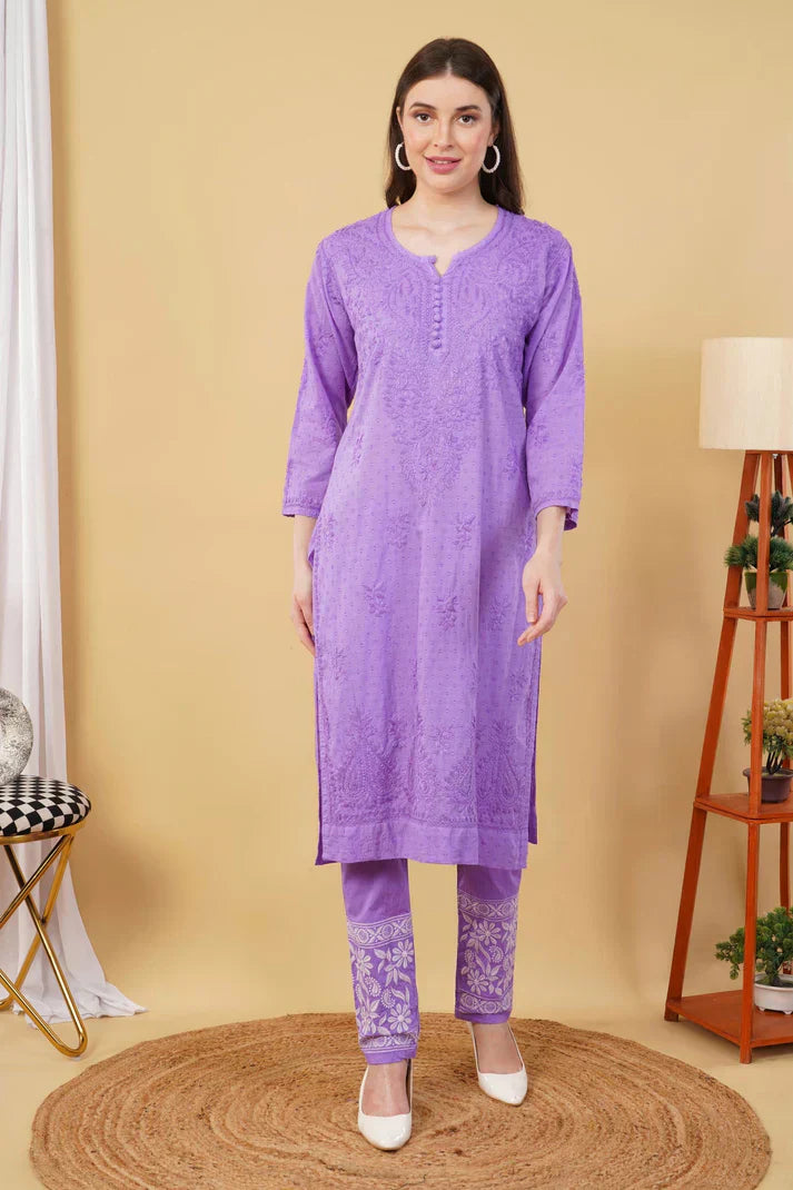 Dyed Cotton Chikankari Kurti & Lycra Pant Set, Pockets Both Side of the Pant