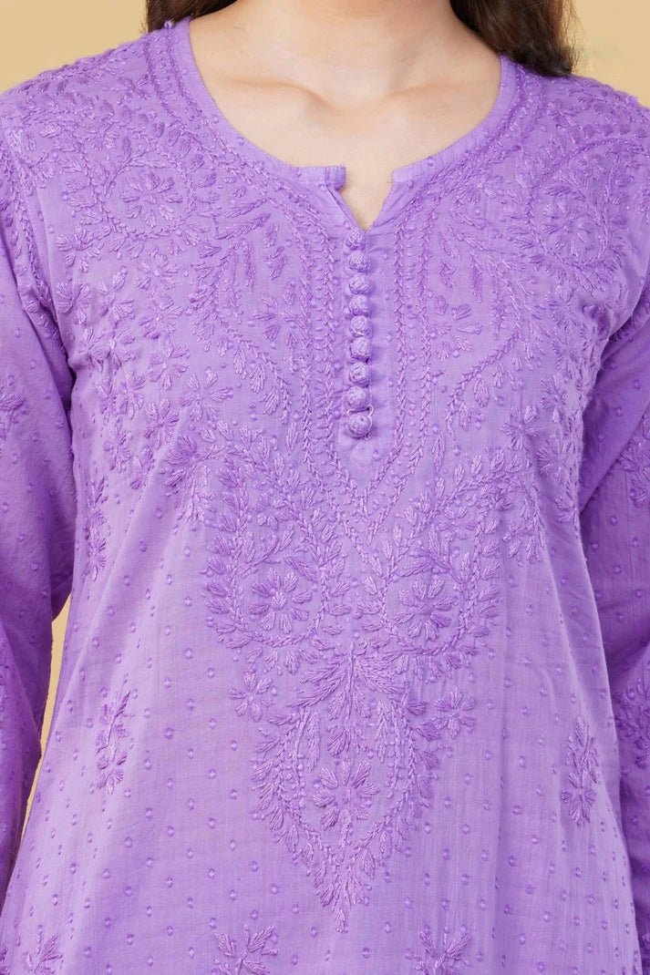 Dyed Cotton Chikankari Kurti & Lycra Pant Set, Pockets Both Side of the Pant