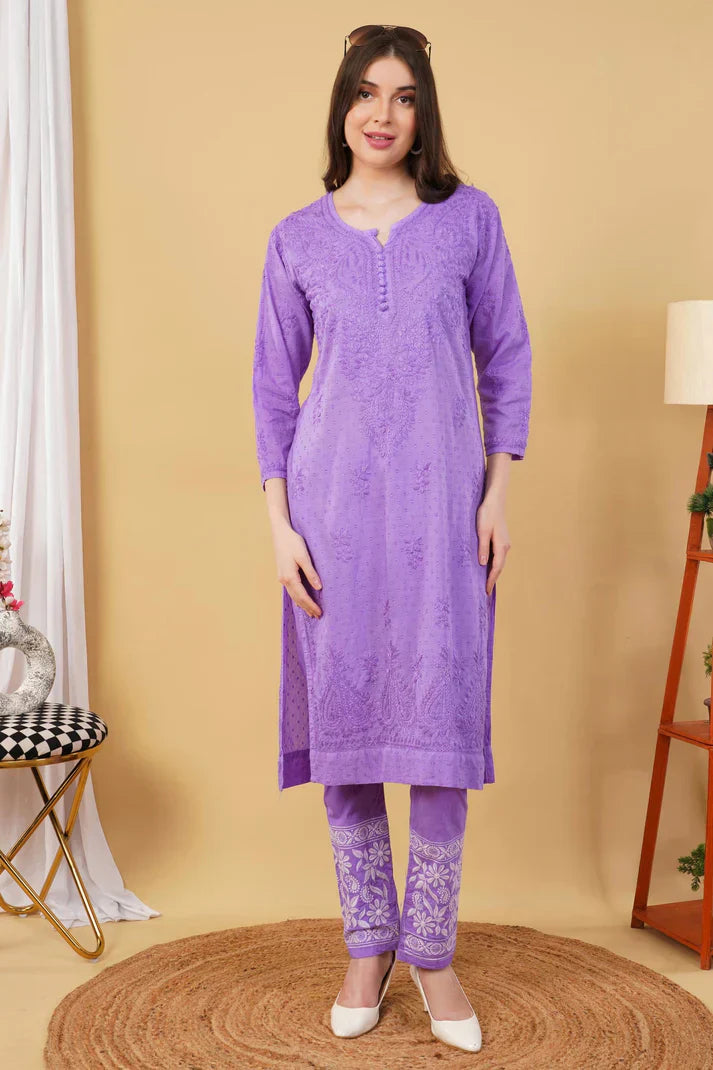 Dyed Cotton Chikankari Kurti & Lycra Pant Set, Pockets Both Side of the Pant