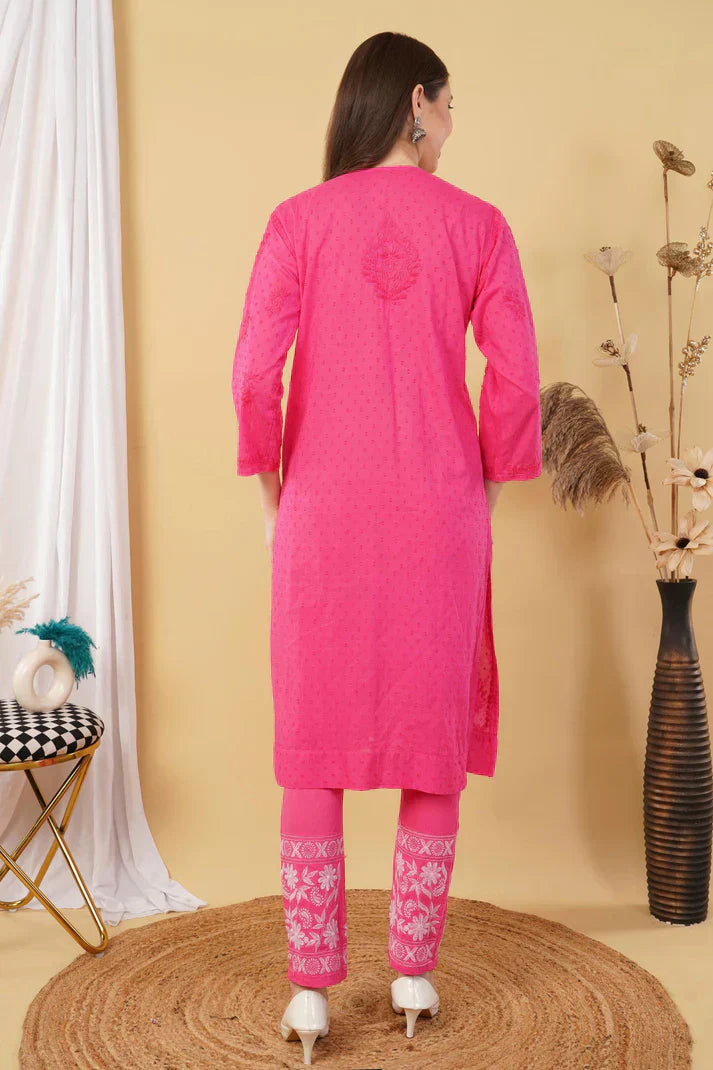 Dyed Cotton Chikankari Kurti & Lycra Pant Set, Pockets Both Side of the Pant