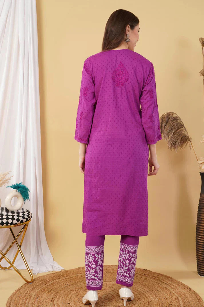 Dyed Cotton Chikankari Kurti & Lycra Pant Set, Pockets Both Side of the Pant
