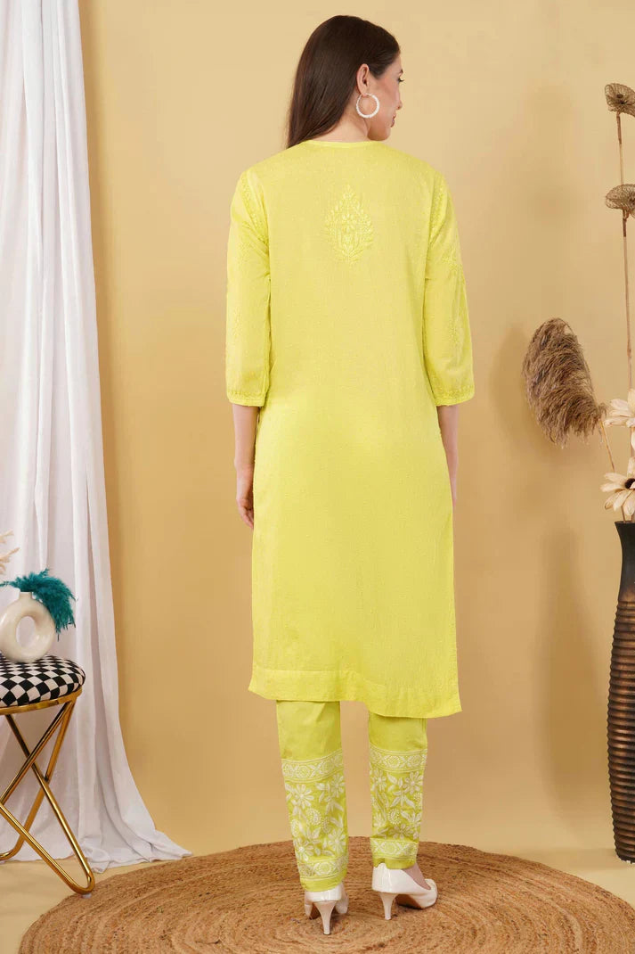 Dyed Cotton Chikankari Kurti & Lycra Pant Set, Pockets Both Side of the Pant