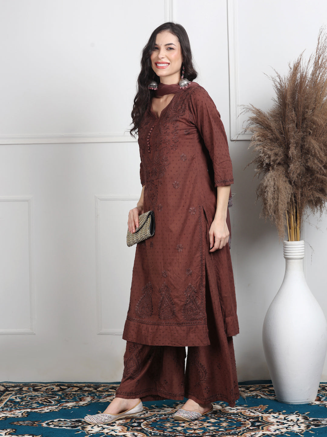 Women’s Dyed Lucknowi Chikankari Cotton Kurti, Palazzo & Dupatta Set
