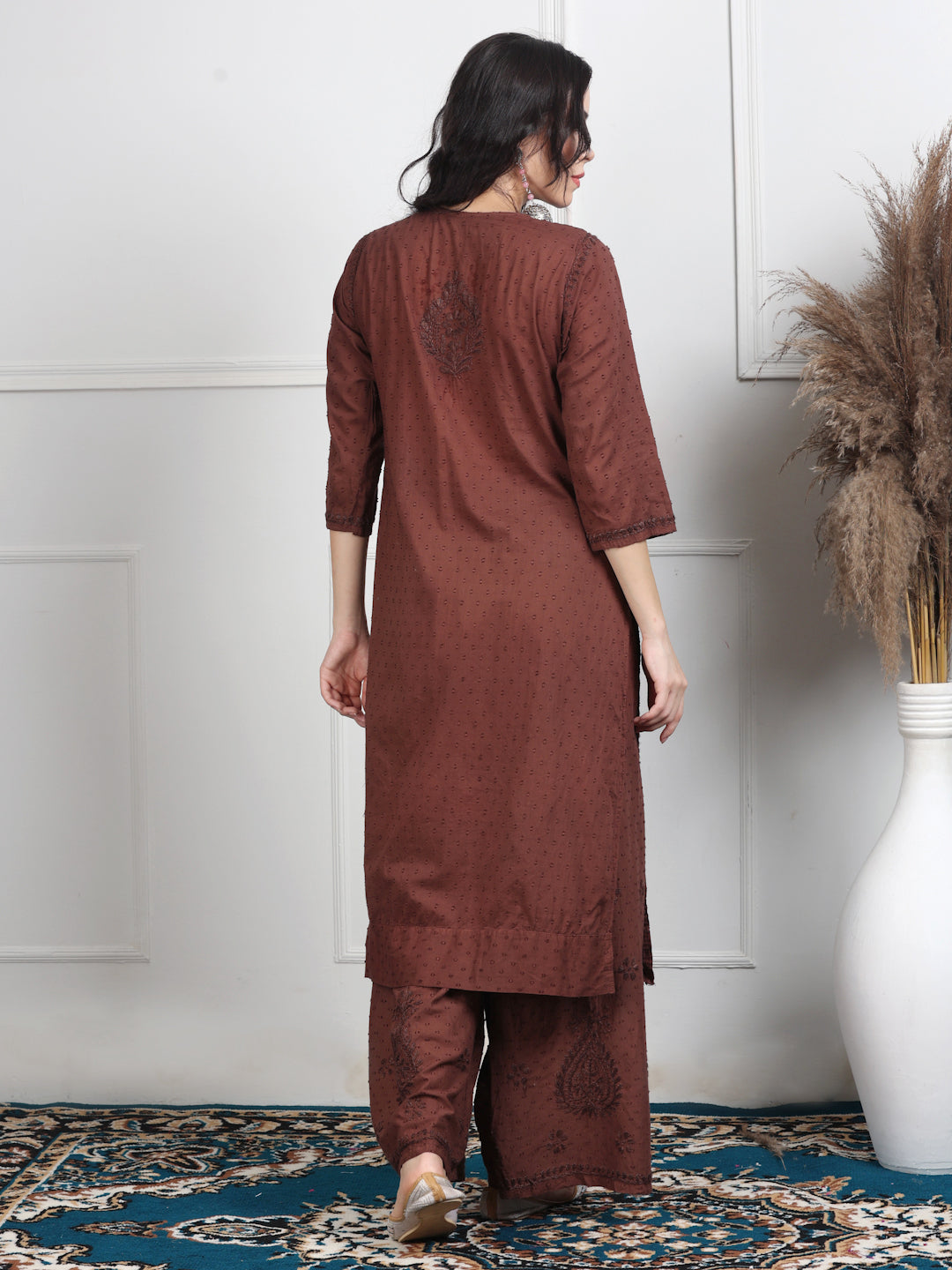 Women’s Dyed Lucknowi Chikankari Cotton Kurti, Palazzo & Dupatta Set