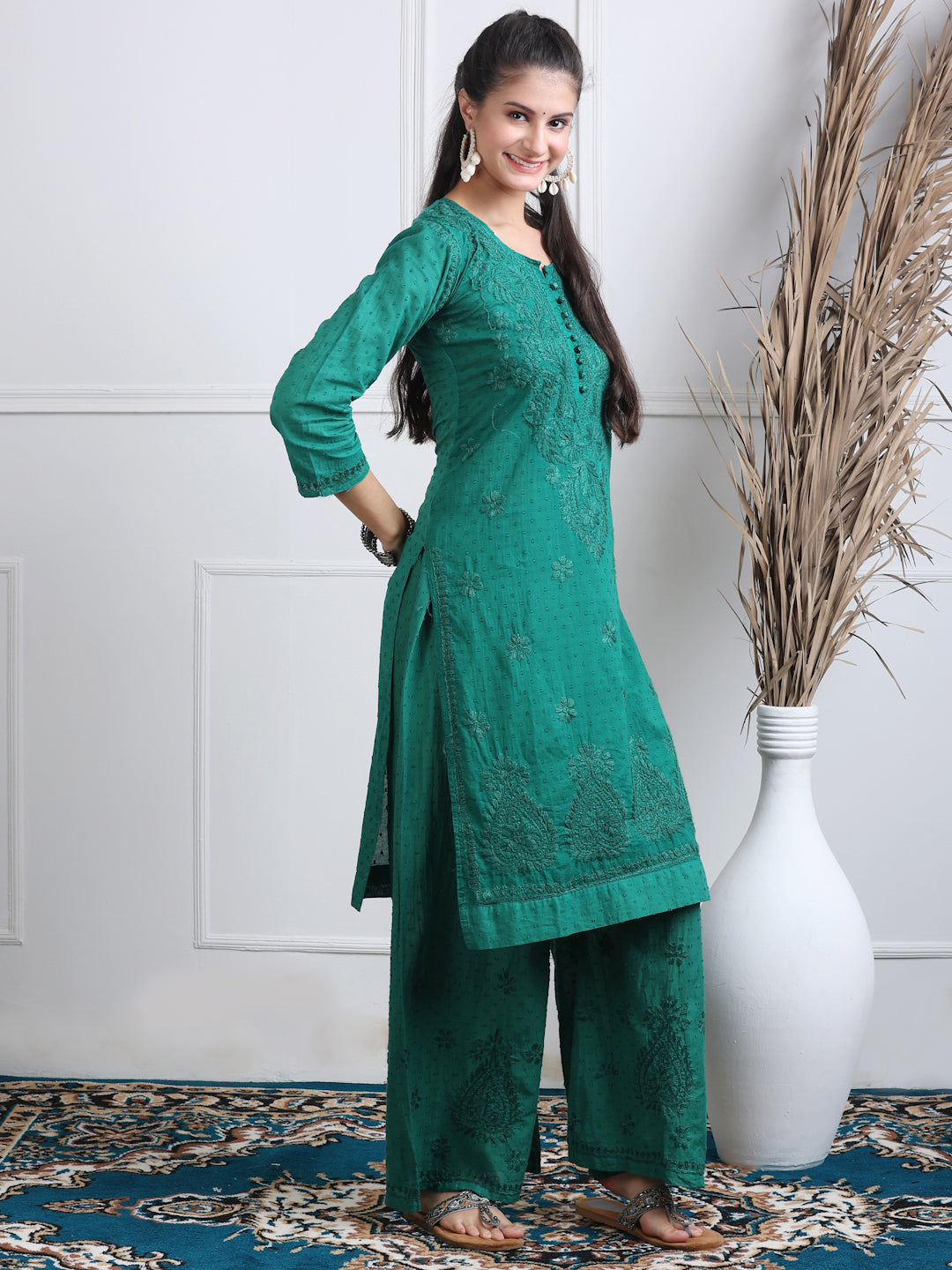 Women’s Dyed Lucknowi Chikankari Cotton Kurti, Palazzo & Dupatta Set