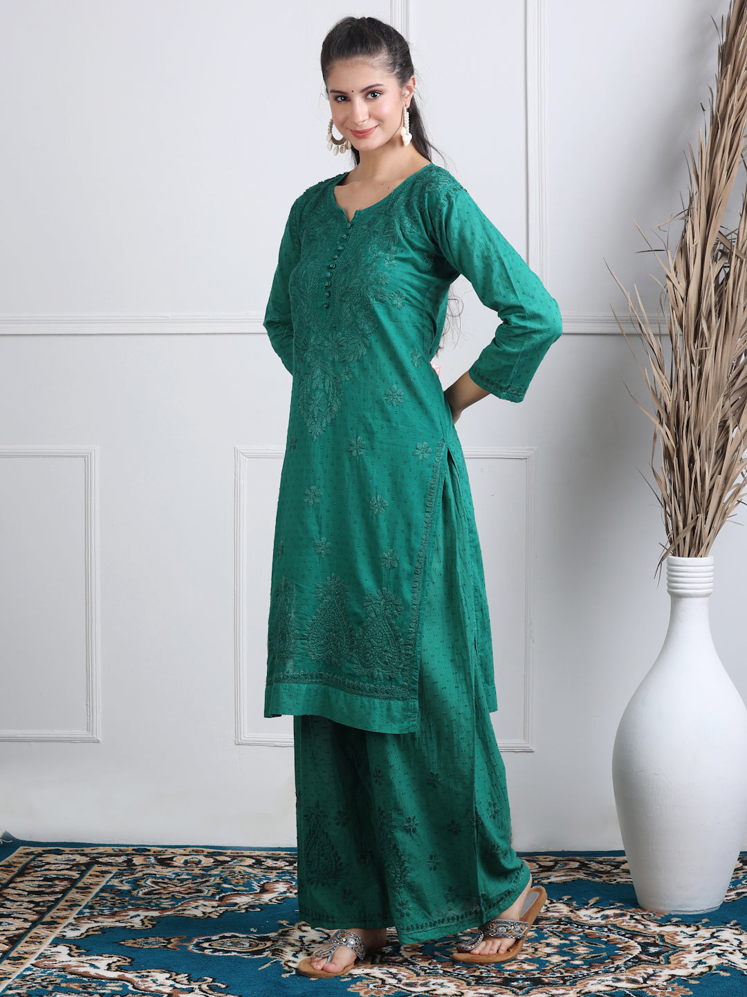 Women’s Dyed Lucknowi Chikankari Cotton Kurti, Palazzo & Dupatta Set
