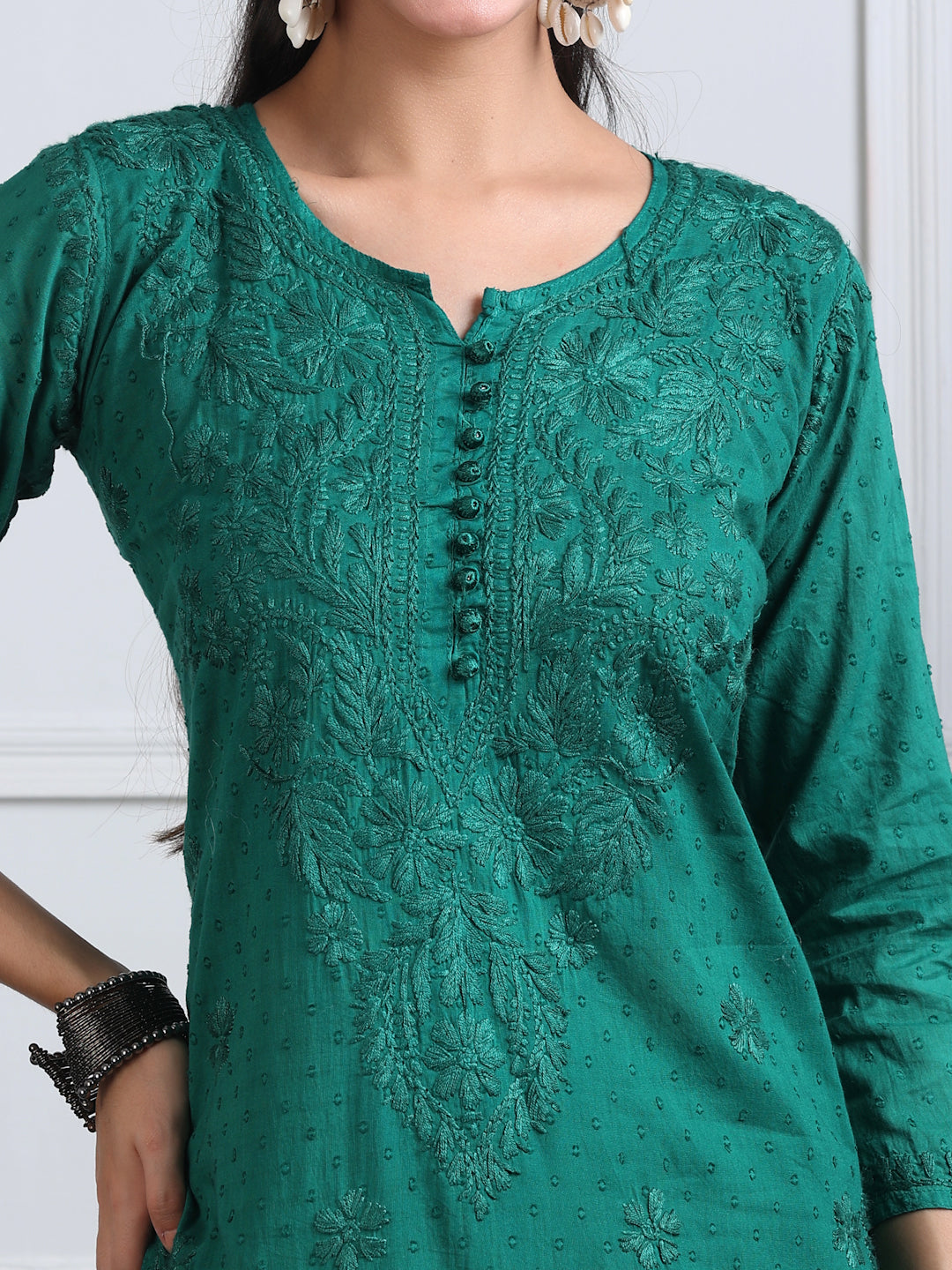 Women’s Dyed Lucknowi Chikankari Cotton Kurti, Palazzo & Dupatta Set