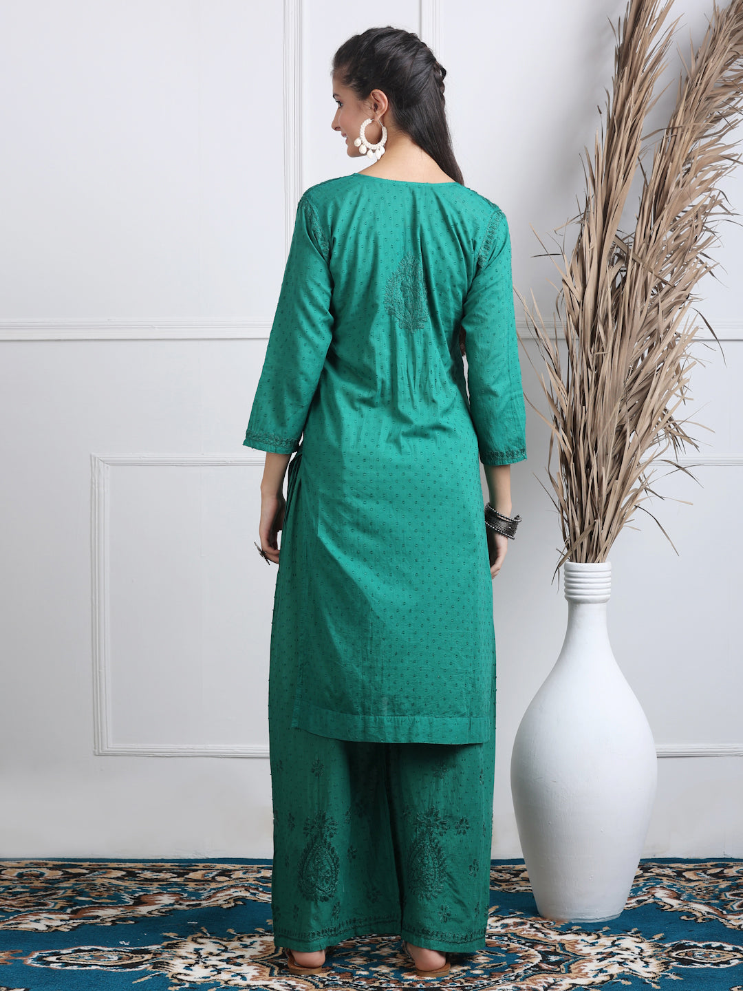 Women’s Dyed Lucknowi Chikankari Cotton Kurti, Palazzo & Dupatta Set