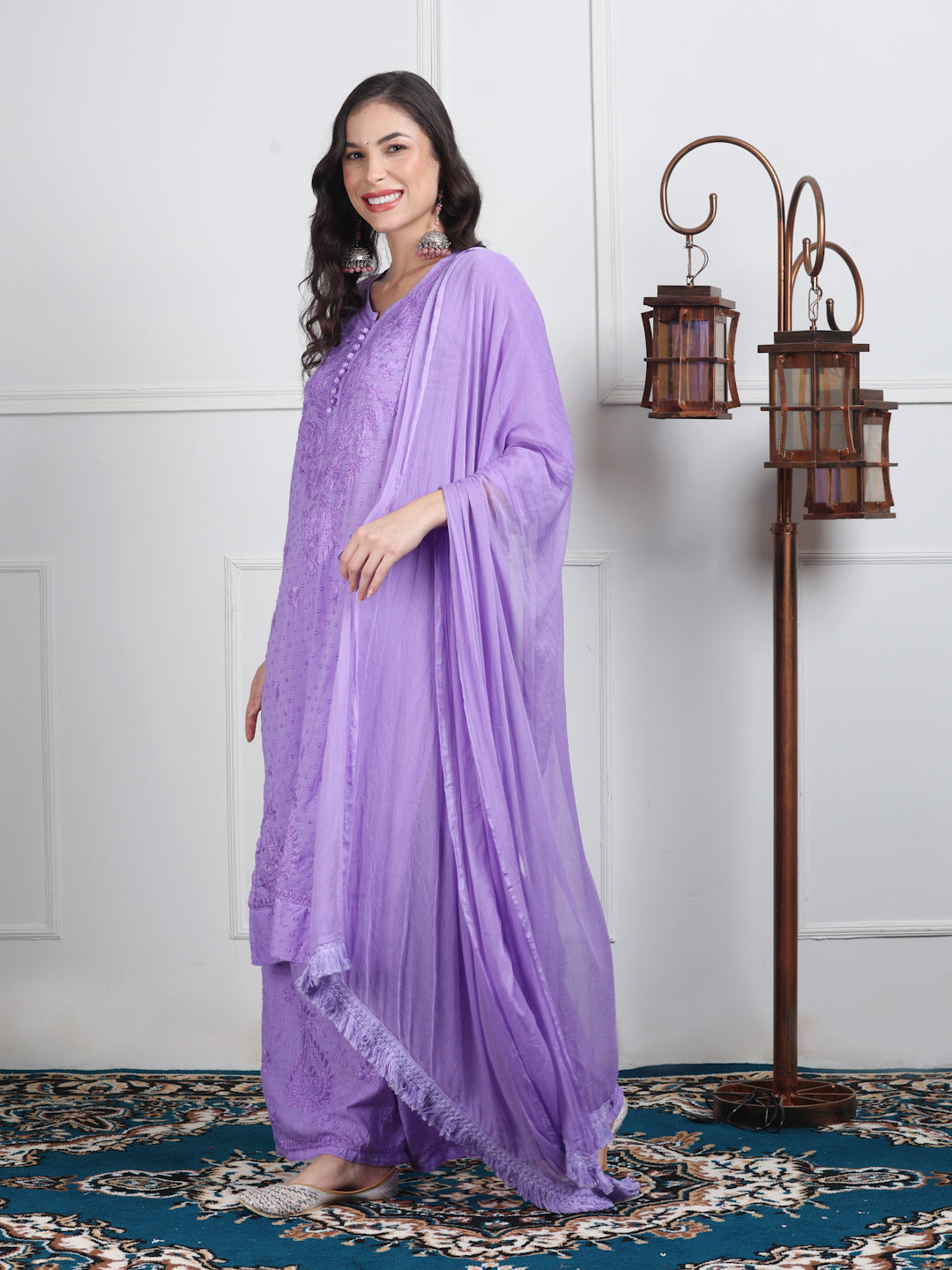 Women’s Dyed Lucknowi Chikankari Cotton Kurti, Palazzo & Dupatta Set