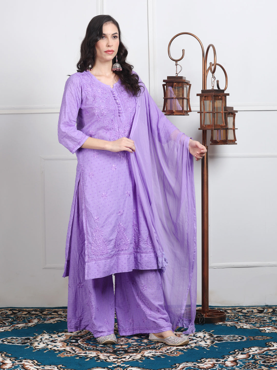 Women’s Dyed Lucknowi Chikankari Cotton Kurti, Palazzo & Dupatta Set