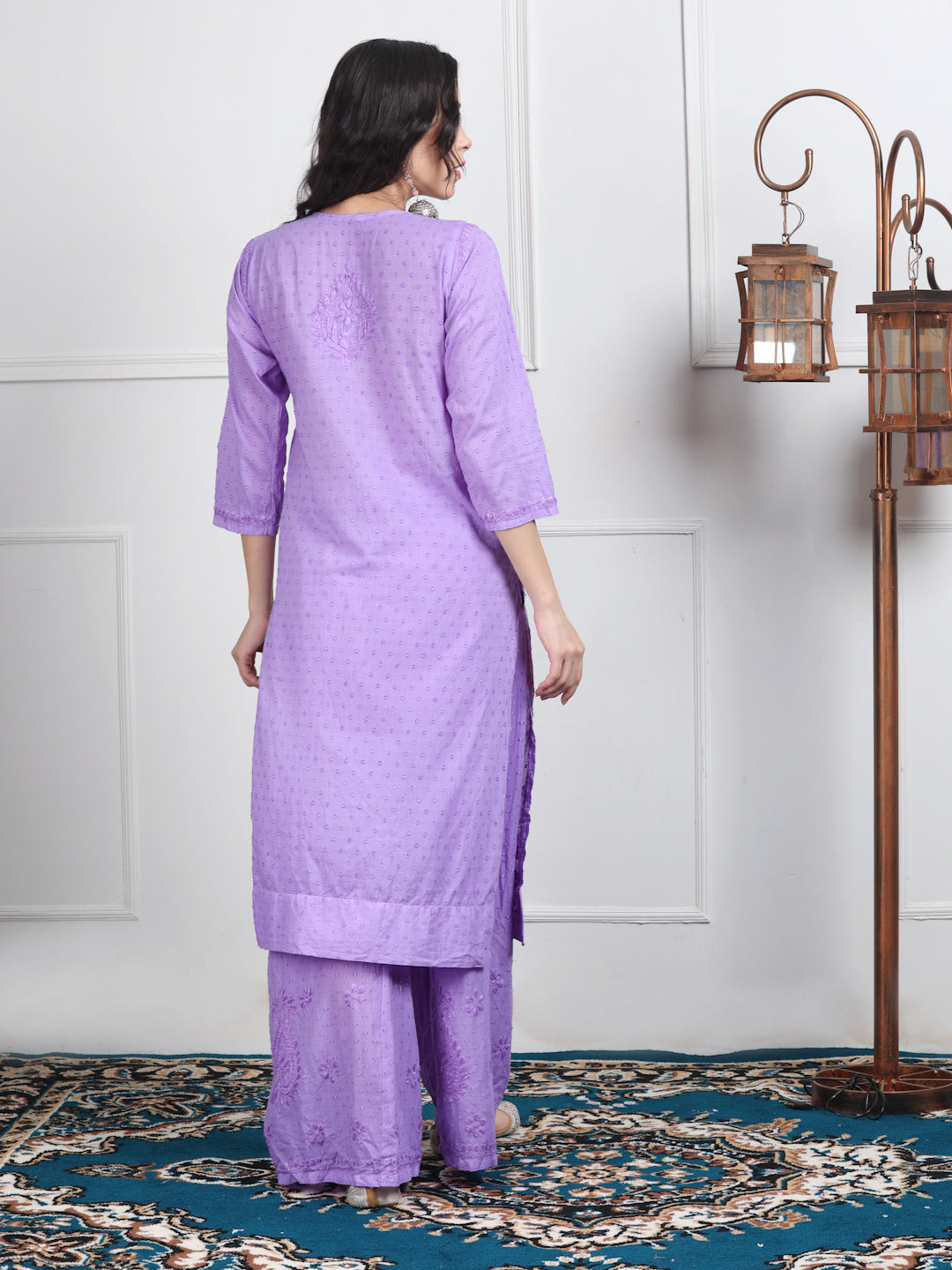 Women’s Dyed Lucknowi Chikankari Cotton Kurti, Palazzo & Dupatta Set