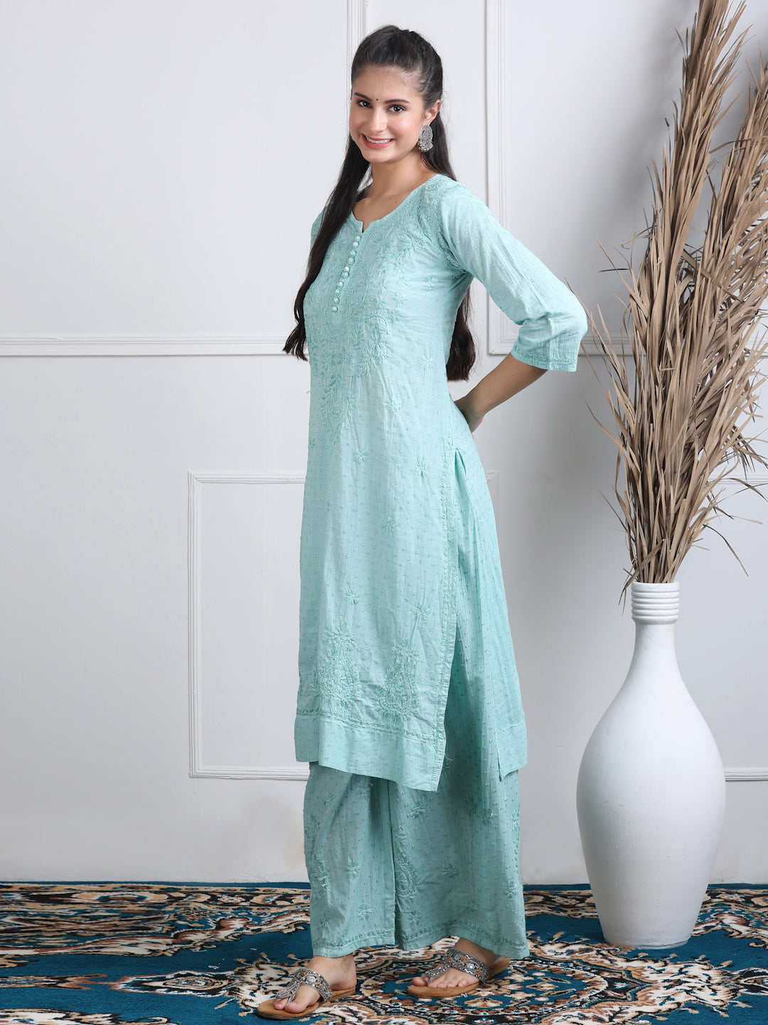 Women’s Dyed Lucknowi Chikankari Cotton Kurti, Palazzo & Dupatta Set