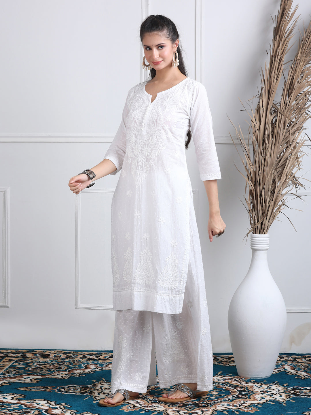 Women’s Dyed Lucknowi Chikankari Cotton Kurti, Palazzo & Dupatta Set