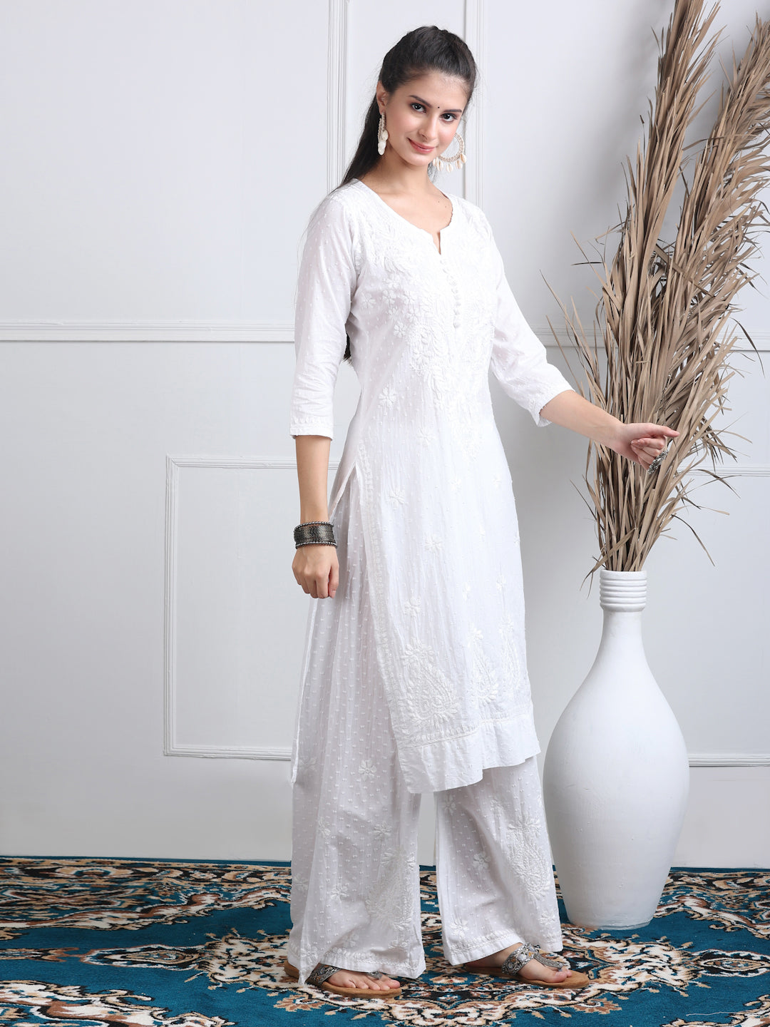Women’s Dyed Lucknowi Chikankari Cotton Kurti, Palazzo & Dupatta Set