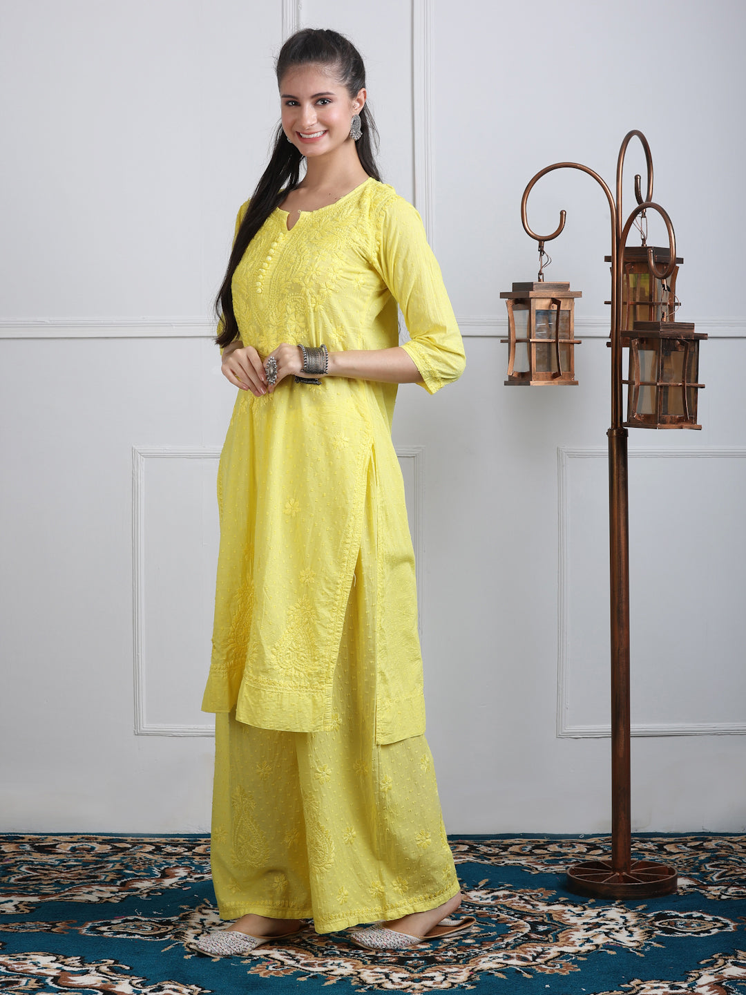 Women’s Dyed Lucknowi Chikankari Cotton Kurti, Palazzo & Dupatta Set