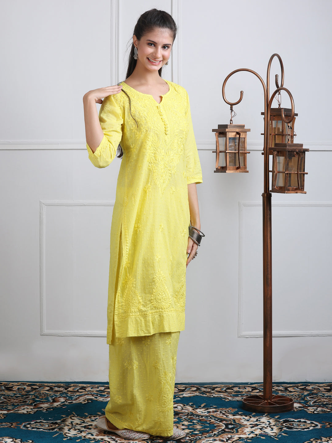 Women’s Dyed Lucknowi Chikankari Cotton Kurti, Palazzo & Dupatta Set