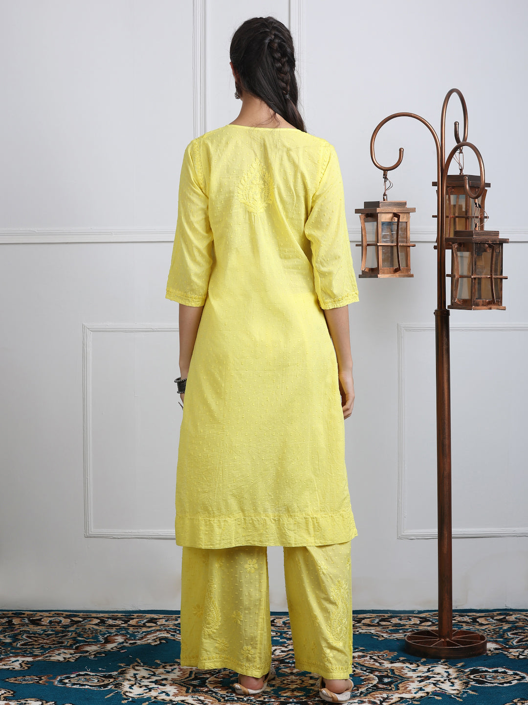 Women’s Dyed Lucknowi Chikankari Cotton Kurti, Palazzo & Dupatta Set