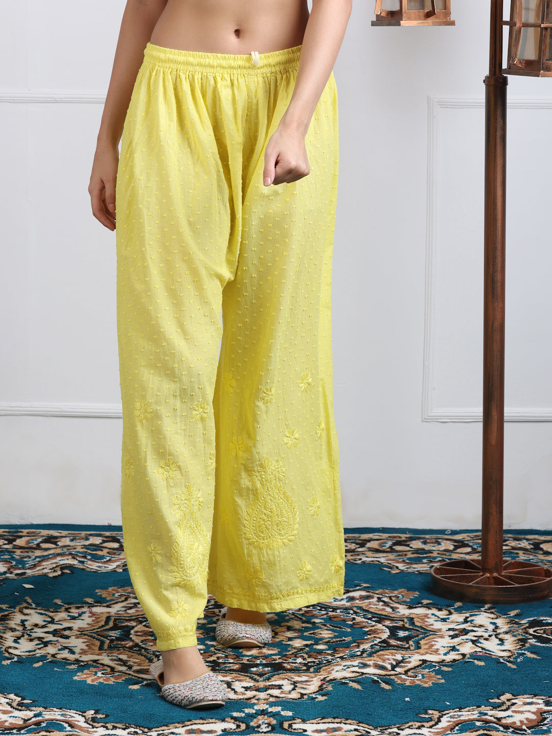 Women’s Dyed Lucknowi Chikankari Cotton Kurti, Palazzo & Dupatta Set