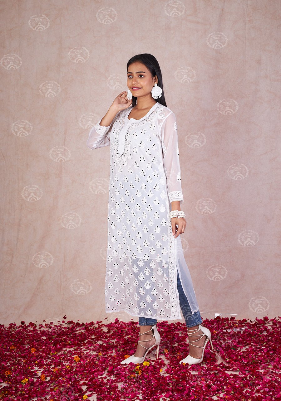 Georgette Chikankari Straight Kurti With Real Pasted Mirror Work & Matching Cotton Inner