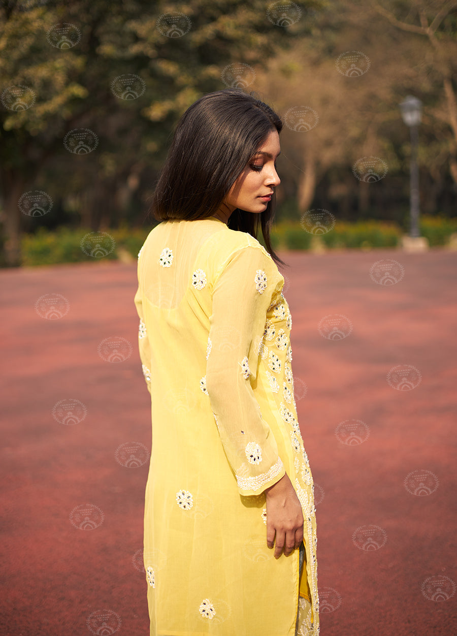 Georgette Chikankari Straight Kurti With Real Pasted Mirror Work & Matching Cotton Inner
