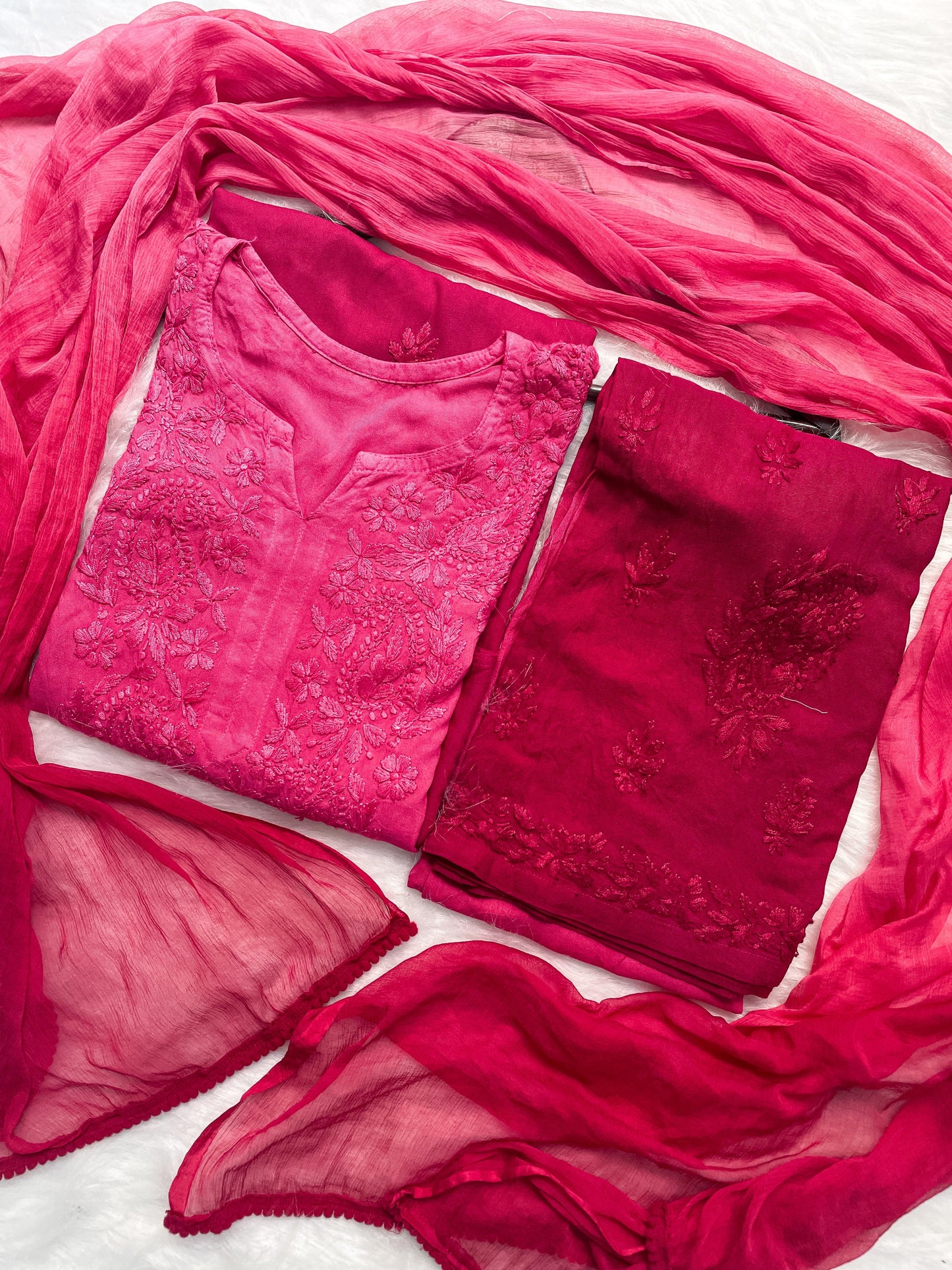 Ombre Dyed Shaded Rayon Lucknowi Chikankari Kurti, Palazzo and Dupatta Set.