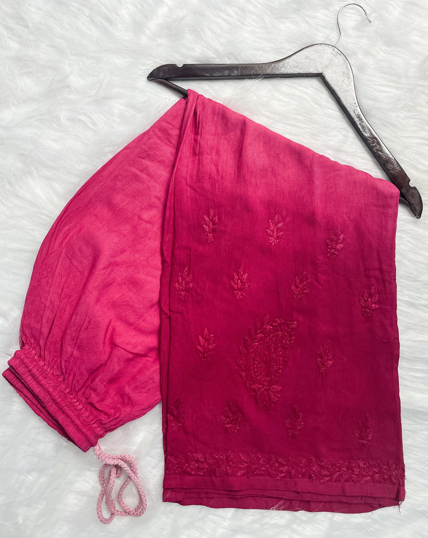 Ombre Dyed Shaded Rayon Lucknowi Chikankari Kurti, Palazzo and Dupatta Set.
