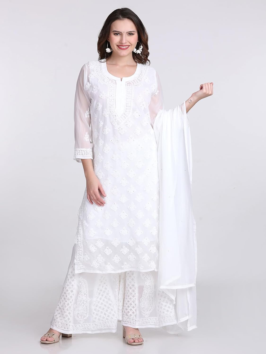 Chiffon Georgette Muquesh Embellishments Straight Kurta, Sharara & Dupatta Set With Matching Cotton inner