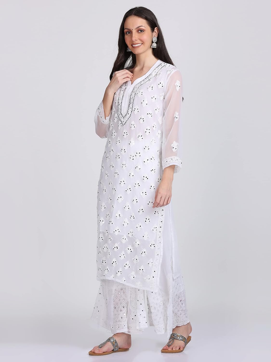 Chiffon Georgette Dyed Real Pasted Mirror Work Kurti, Sharara & Dupatta Set With Free Matching Cotton Inner
