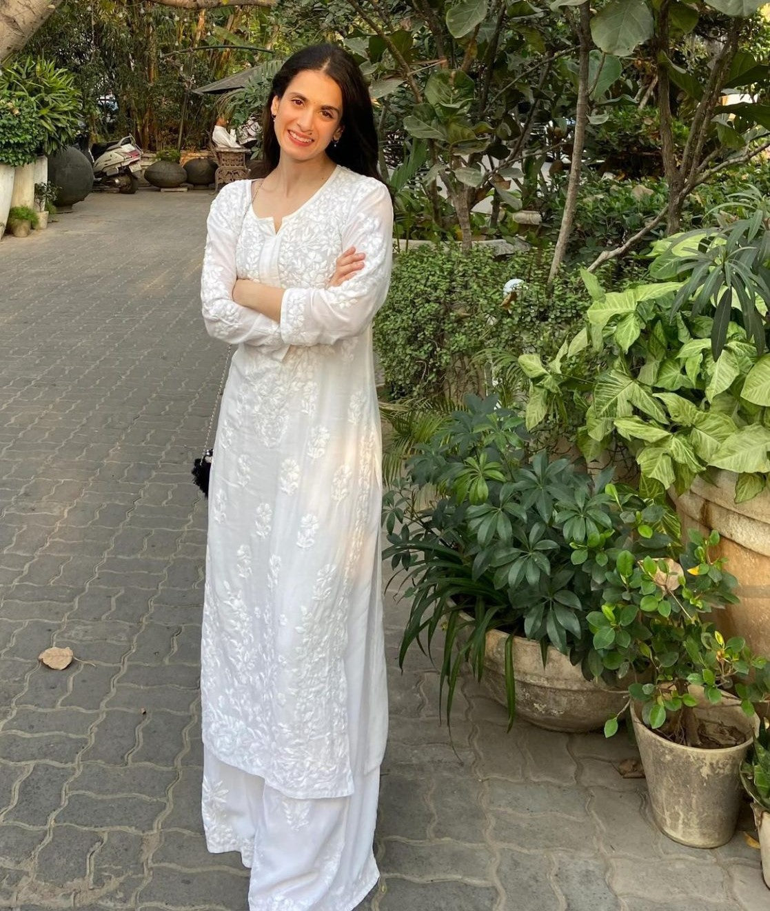 Premium Handwork Chikankari White Modal Kurta, Palazzo, and Dupatta Set