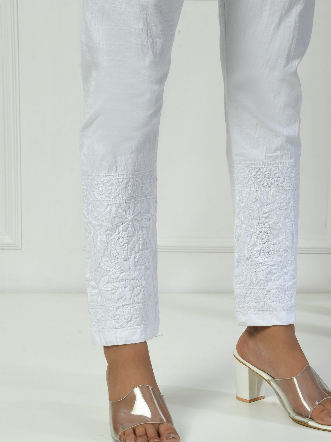 Women's Chikankari Stretchable Cotton Lycra Pants with Both Side Pockets – Stylish & Comfortable