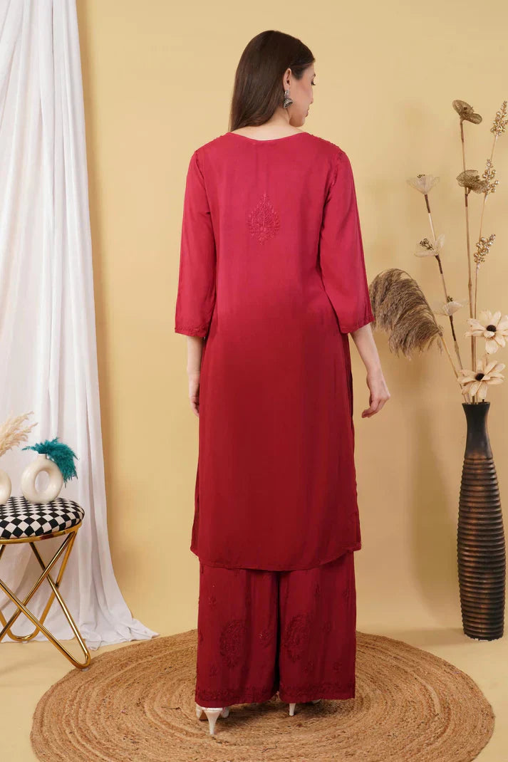 Ombre Dyed Shaded Rayon Chikankari Kurti, Palazzo and Dupatta Set.