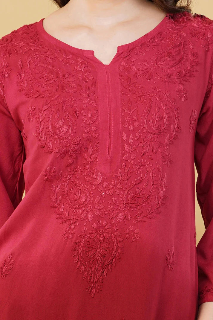 Ombre Dyed Shaded Rayon Chikankari Kurti, Palazzo and Dupatta Set.
