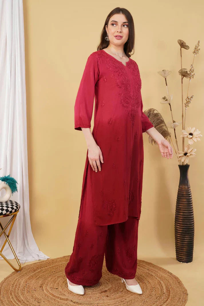 Ombre Dyed Shaded Rayon Chikankari Kurti, Palazzo and Dupatta Set.