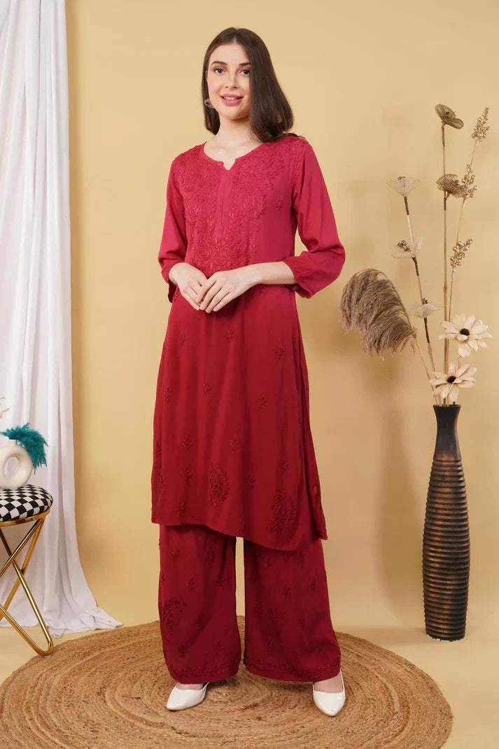 Ombre Dyed Shaded Rayon Chikankari Kurti, Palazzo and Dupatta Set.