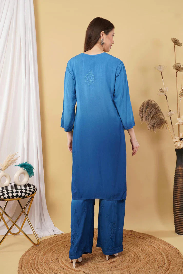 Ombre Dyed Shaded Rayon Chikankari Kurti, Palazzo and Dupatta Set.