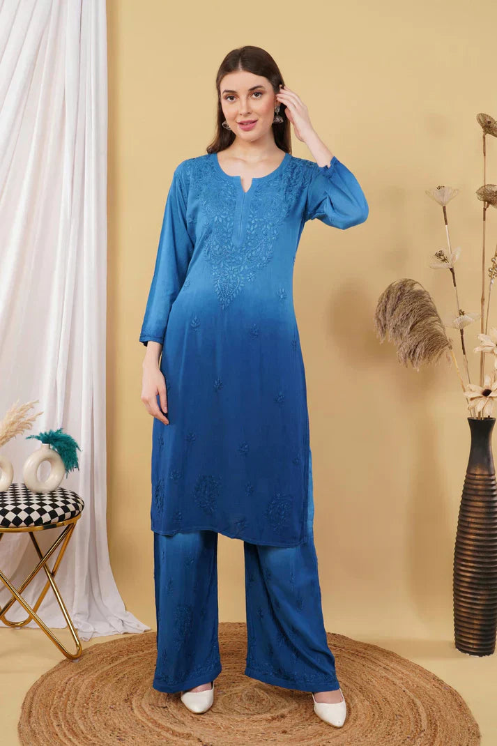 Ombre Dyed Shaded Rayon Chikankari Kurti, Palazzo and Dupatta Set.