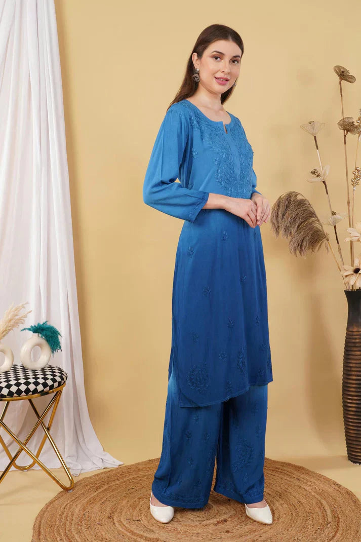Ombre Dyed Shaded Rayon Chikankari Kurti, Palazzo and Dupatta Set.