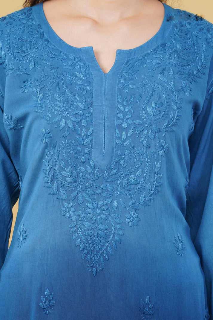 Ombre Dyed Shaded Rayon Chikankari Kurti, Palazzo and Dupatta Set.