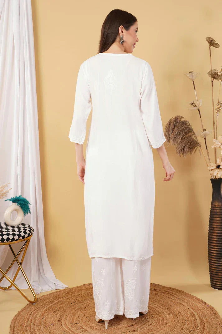 Ombre Dyed Shaded Rayon Chikankari Kurti, Palazzo and Dupatta Set.
