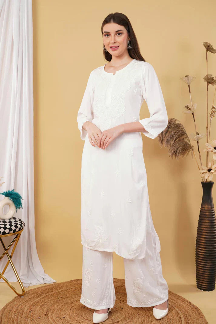 Ombre Dyed Shaded Rayon Chikankari Kurti, Palazzo and Dupatta Set.