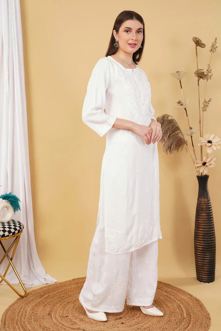 Ombre Dyed Shaded Rayon Chikankari Kurti, Palazzo and Dupatta Set.