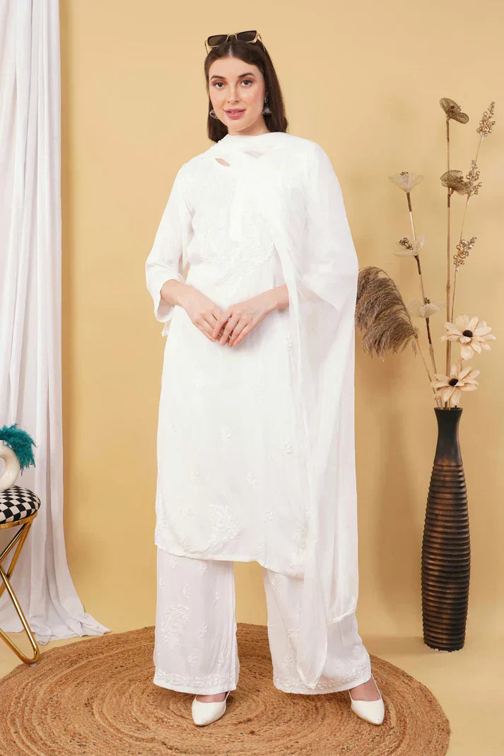 Ombre Dyed Shaded Rayon Chikankari Kurti, Palazzo and Dupatta Set.