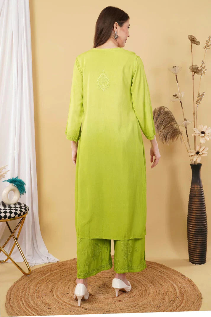 Ombre Dyed Shaded Rayon Chikankari Kurti, Palazzo and Dupatta Set.