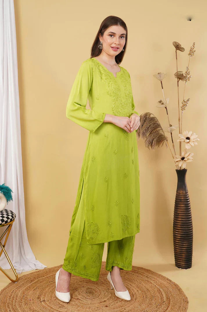 Ombre Dyed Shaded Rayon Chikankari Kurti, Palazzo and Dupatta Set.