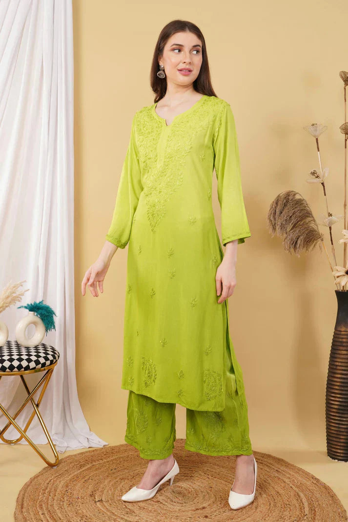 Ombre Dyed Shaded Rayon Chikankari Kurti, Palazzo and Dupatta Set.